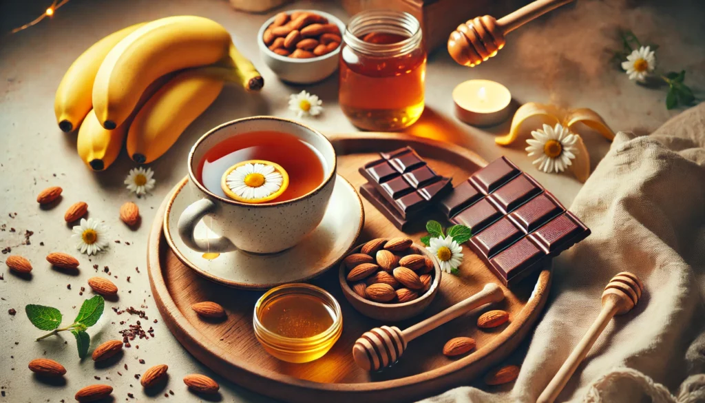 A cozy scene featuring a cup of warm chamomile tea with honey, surrounded by serotonin-boosting foods like almonds, dark chocolate, and bananas, set on a wooden tray with soft, calming lighting.