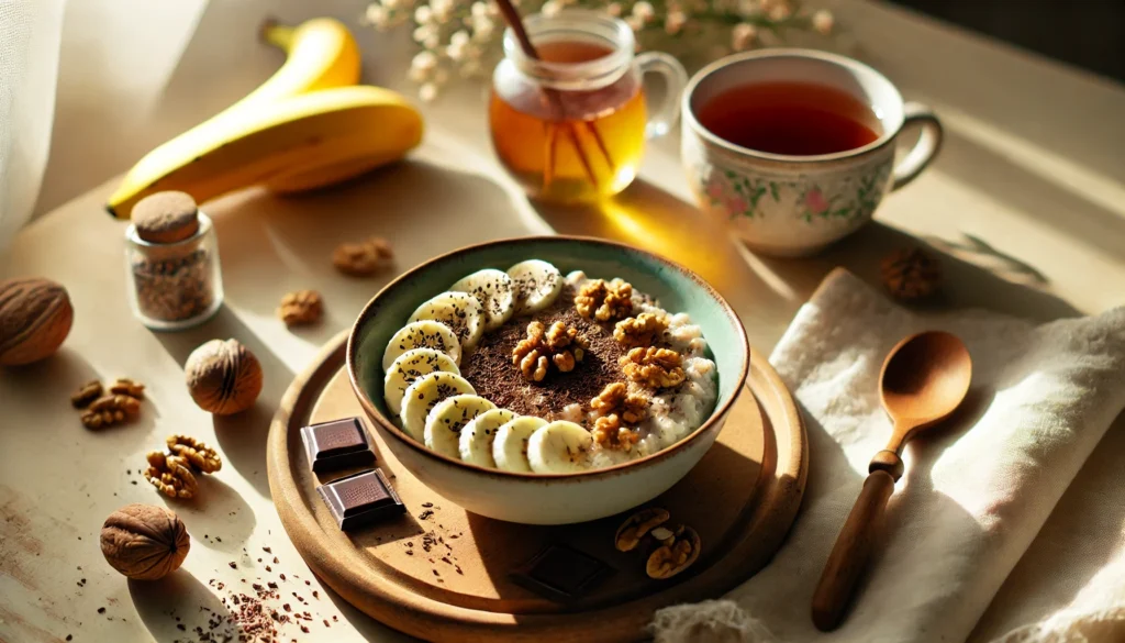 A peaceful morning scene featuring a bowl of oatmeal topped with serotonin-boosting ingredients like bananas, walnuts, and dark chocolate shavings, with a cup of herbal tea beside it, bathed in warm sunlight.