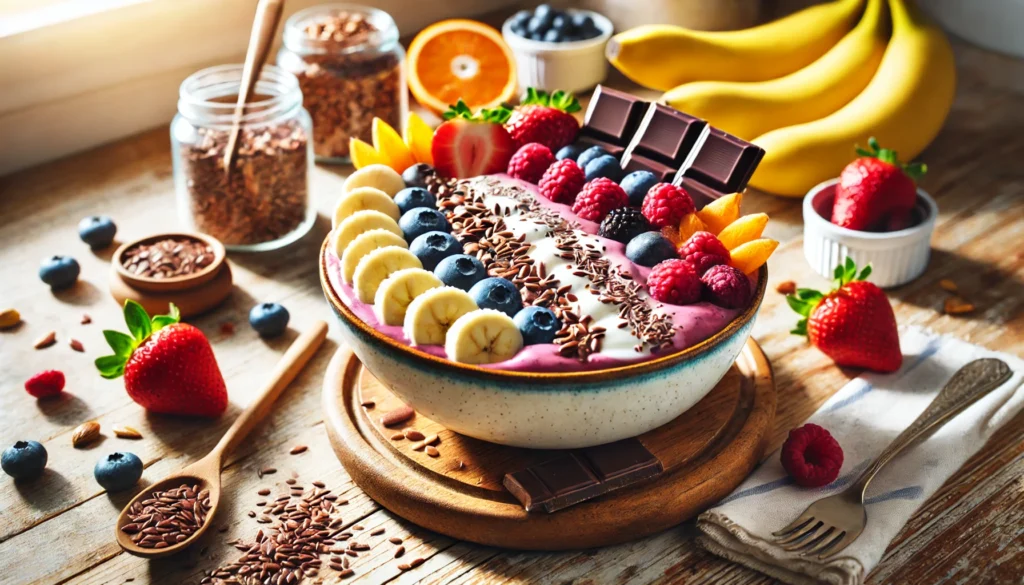 A colorful smoothie bowl made with serotonin-boosting ingredients such as bananas, berries, Greek yogurt, flaxseeds, and dark chocolate shavings, garnished with fresh fruits and nuts in a bright, sunlit kitchen.