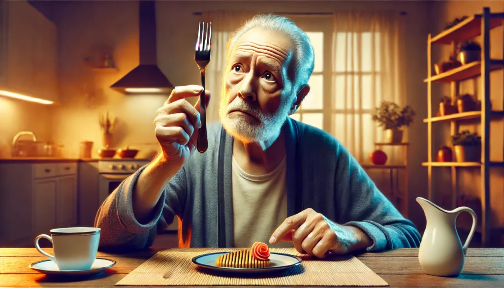 An elderly man sitting at a dining table, staring at a fork with a puzzled expression, uncertain how to use it. The familiar kitchen setting highlights the increasing cognitive challenges in moderate-stage dementia