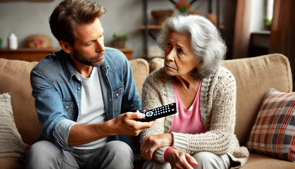 My best friend has dementia and I missed the signs—An elderly woman holds a TV remote, unsure of how to use it, while her best friend watches with concern, ready to help in a cozy living room