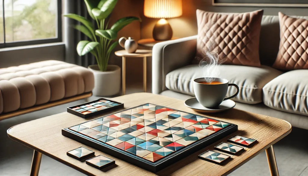 A modern memory board game with sleek, colorful geometric patterns on tiles, placed on a contemporary table with a steaming cup of tea, creating a relaxing game night atmosphere