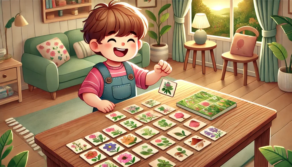 A joyful preschool-aged child playing a nature-themed matching game at home, matching colorful images of flowers, leaves, and animals in a cozy learning space