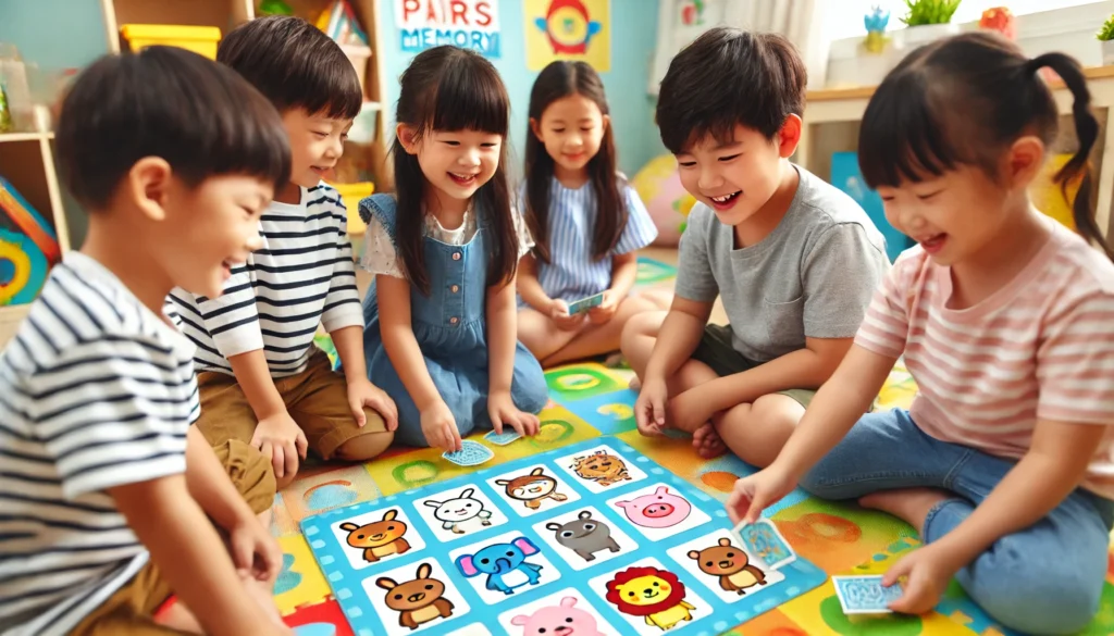 A group of children playing a pairs memory game on a colorful play mat in a bright and engaging classroom, enhancing their cognitive skills.