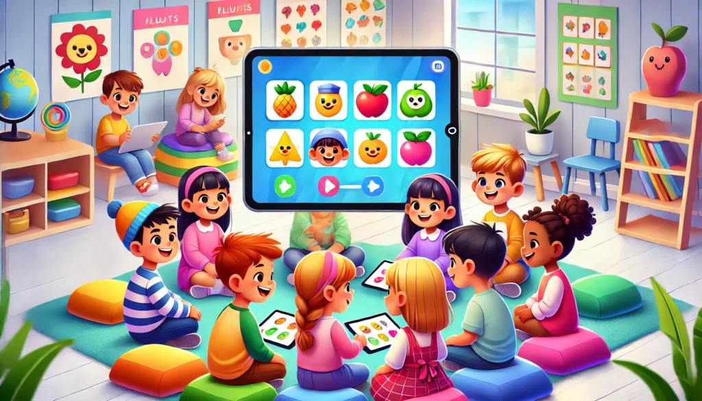 A group of kindergarten children excitedly playing an interactive digital matching game on a tablet, matching fruits and animals in a modern learning environment.