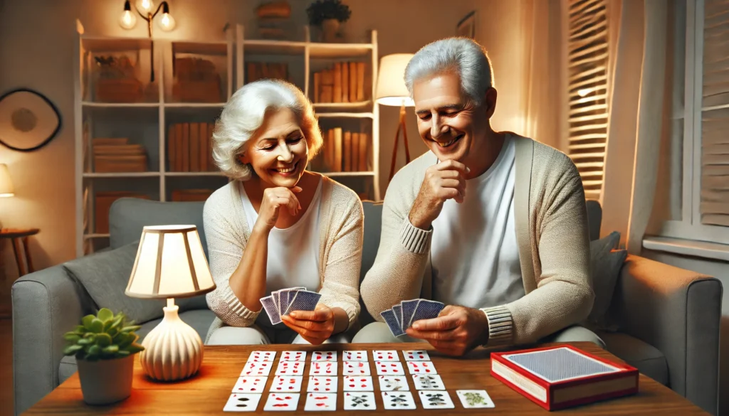 An elderly couple enjoying a pairs memory game at a warmly lit living room table, reinforcing memory and cognitive abilities in a relaxed atmosphere