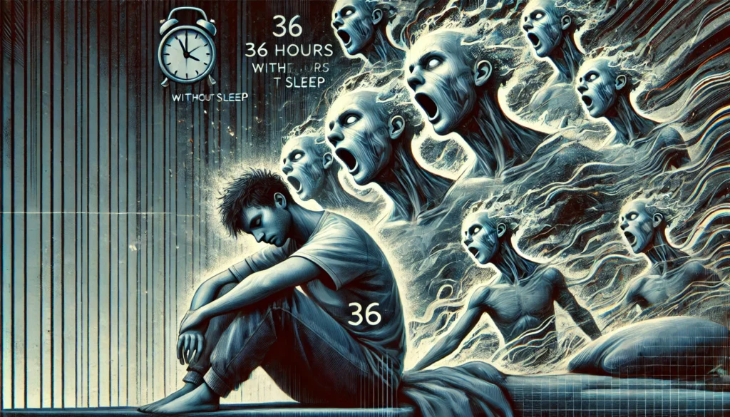 Surreal depiction of moderate sleep deprivation (36 hours without sleep), featuring a person experiencing microsleeps, with fragmented, ghostly versions of themselves representing lapses in attention and focus