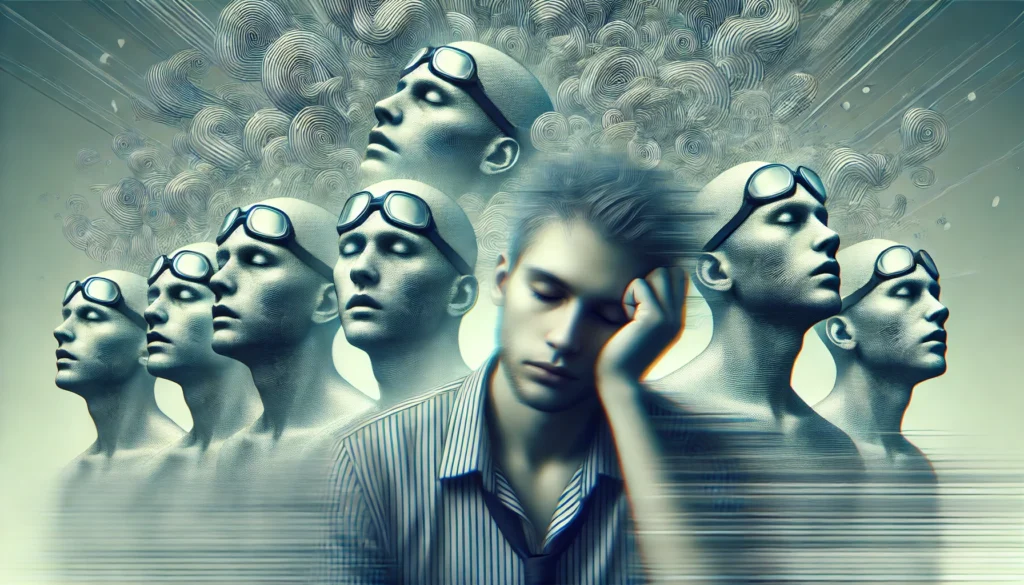 Conceptual illustration representing the cumulative effects of prolonged sleep deprivation, depicting an exhausted and disoriented person surrounded by blurred versions of themselves to indicate memory lapses and cognitive decline