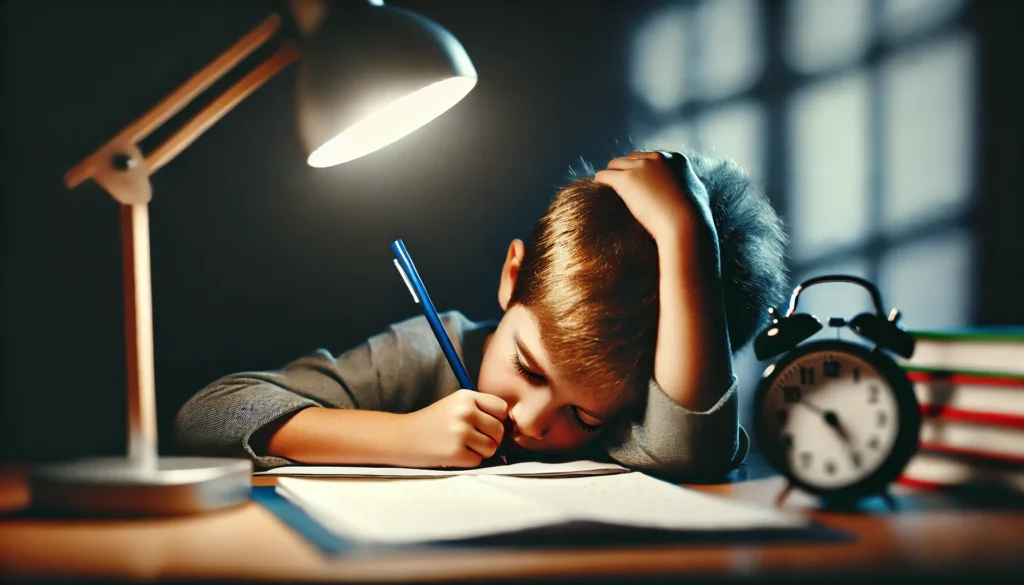 A tired child struggling to focus on homework, sitting at a desk with a dim lamp. The child rests their head on one hand while holding a pencil, illustrating the cognitive effects of sleep deprivation.