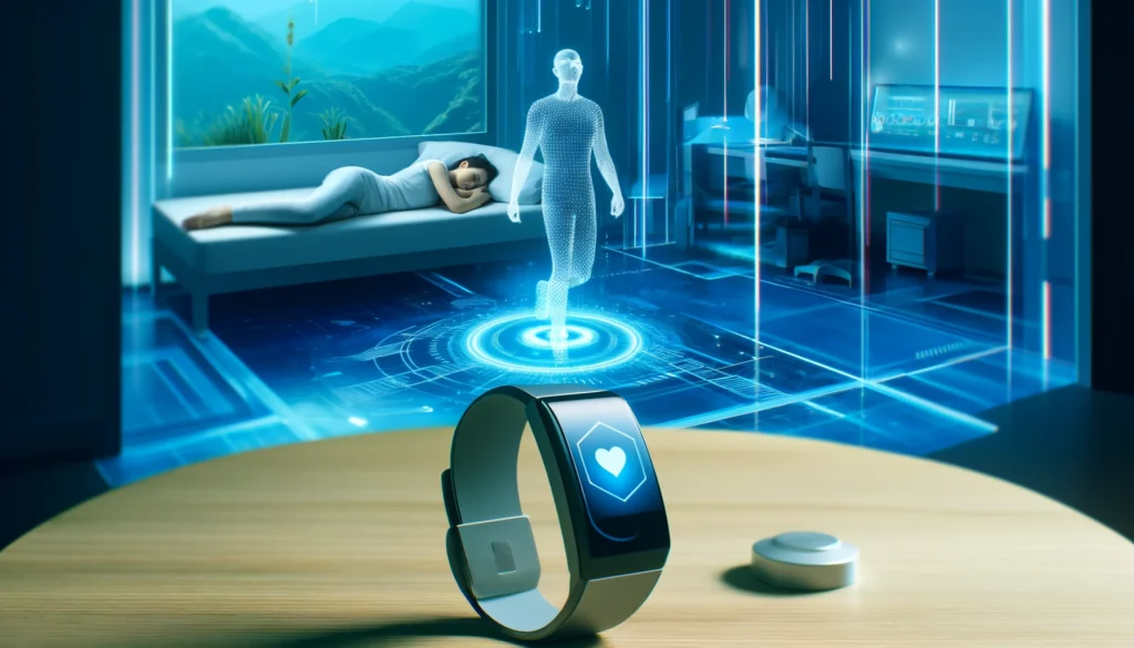 A futuristic concept of sleep technology, featuring a smart sleep tracker monitoring a person’s sleep cycle. The modern and calming environment symbolizes advancements in optimizing sleep quality.