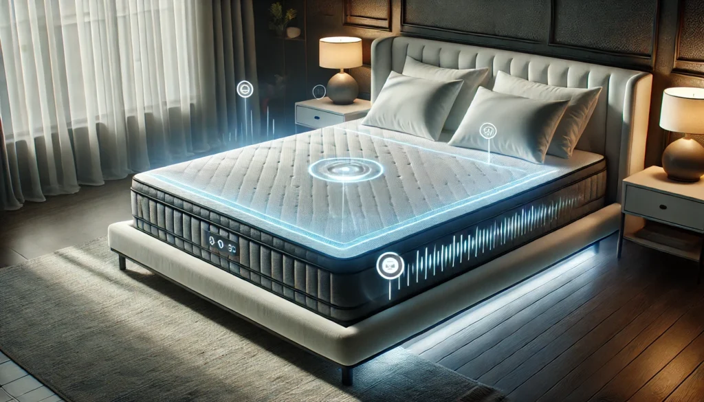 A modern smart mattress with built-in sleep technology, automatically adjusting its firmness and temperature in a cozy bedroom setting.