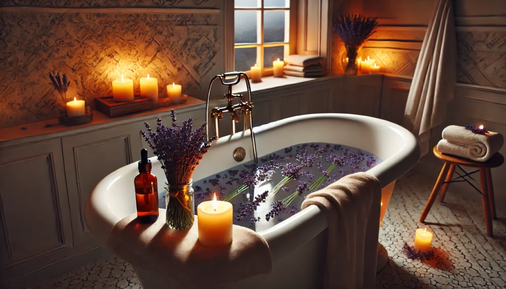 A luxurious candlelit bathroom with a warm, soothing bath infused with lavender essential oil. Floating lavender flowers create a calming and relaxing pre-sleep ritual.