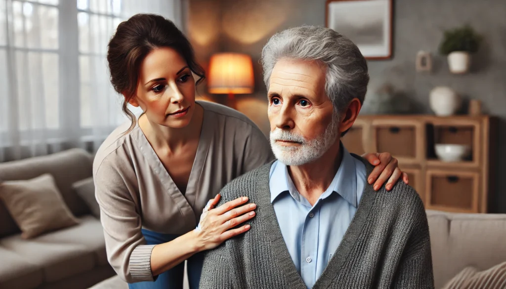 A middle-aged caregiver gently assisting an elderly man in a cozy home setting, illustrating the early signs of dementia and the importance of compassionate care