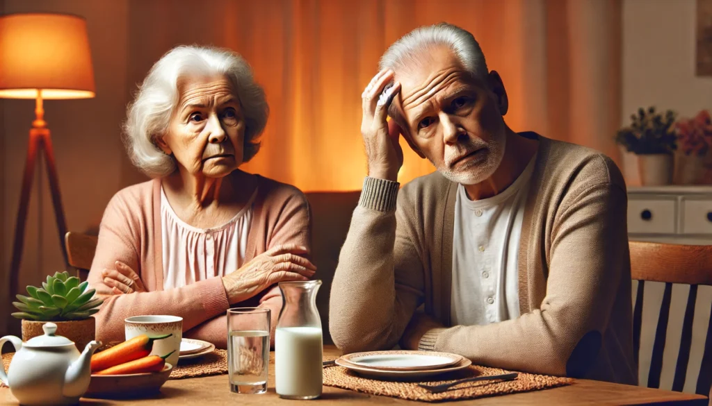 An elderly couple sitting at a dining table, with one partner appearing confused while the other looks concerned, highlighting the impact of dementia on relationships