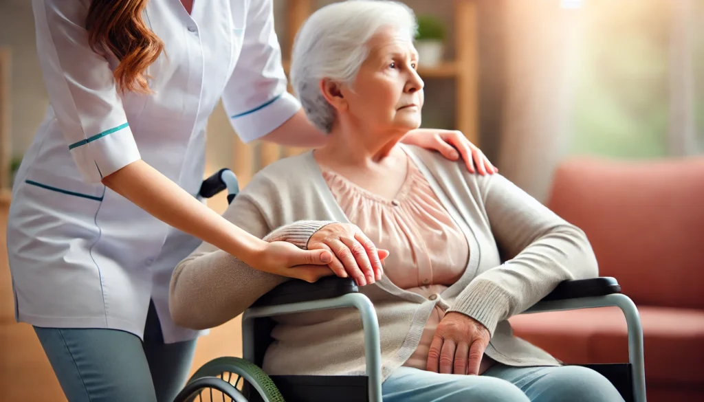 A compassionate caregiver holding the hand of an elderly woman in a wheelchair, symbolizing the challenges of late-stage dementia and the importance of emotional connection