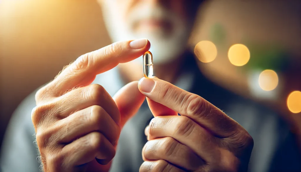 A high-quality image of a person holding a softgel capsule between their fingers, about to take a brain health supplement. The blurred background emphasizes wellness and cognitive support in a natural and clean aesthetic.