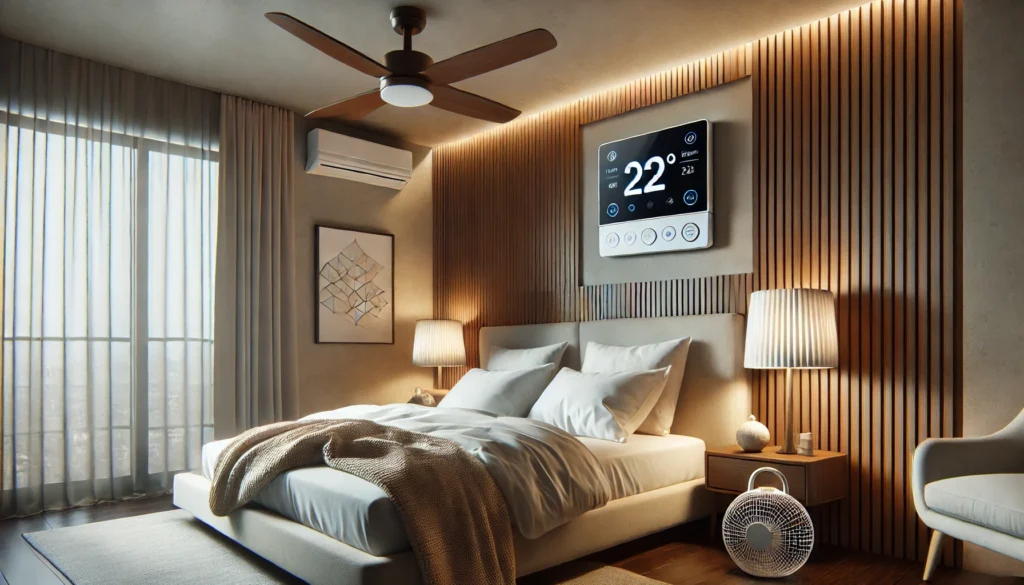 A modern bedroom featuring a digital thermostat on the wall, set to an ideal sleep temperature, with a ceiling fan gently circulating cool air to maintain a comfortable sleep environment.