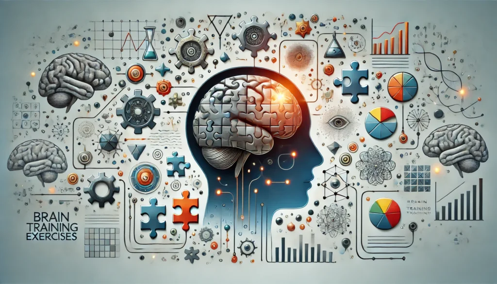 Conceptual illustration of brain training exercises, featuring a human brain surrounded by puzzle pieces, abstract symbols, and neural connections representing cognitive challenges