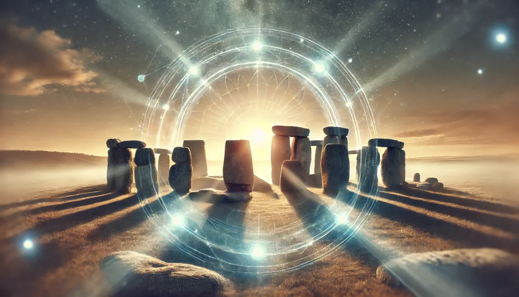 A conceptual depiction of Stonehenge with a mystical glow surrounding the stone circle, symbolizing its ancient connection to healing practices. Soft beams of light radiate from the stones, creating a tranquil and spiritual ambiance.