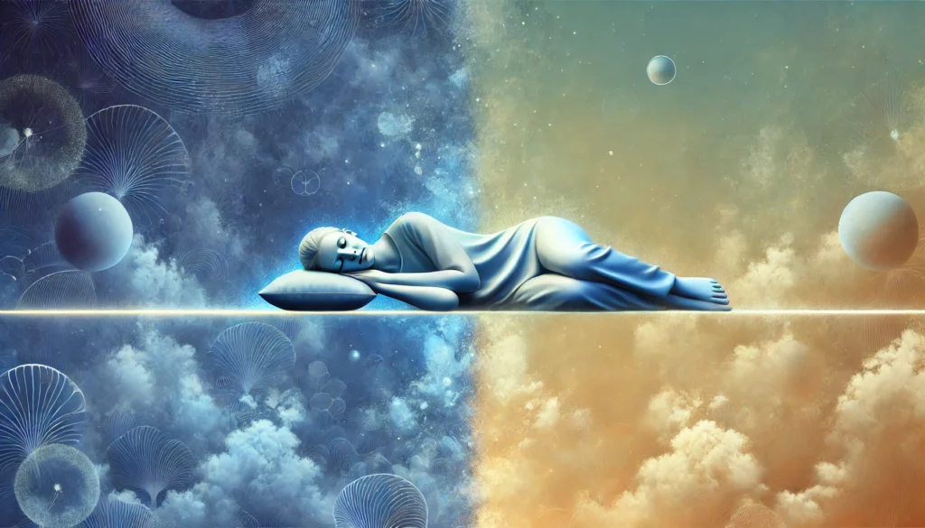 A serene digital illustration representing the balance between extended sleep benefits and risks. The image portrays a sleeping figure peacefully resting while a subtle contrast in the background suggests both rejuvenation and possible sleep inertia. The cool blue and soft golden hues emphasize tranquility and scientific insight. No text or symbols are present.