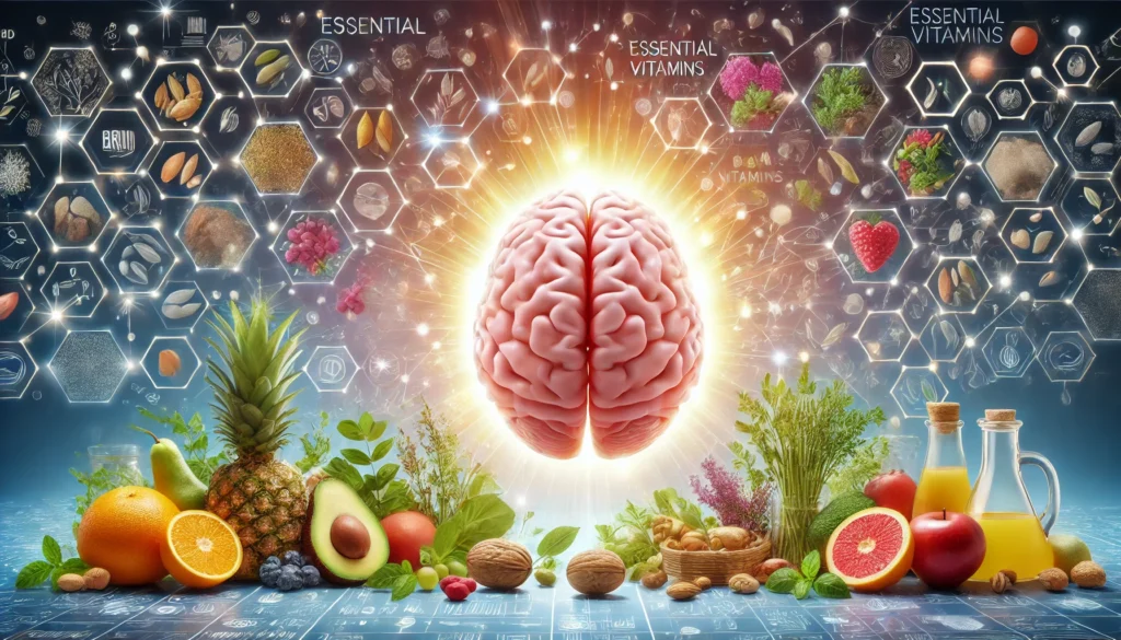 A visually engaging representation of the connection between essential vitamins and brain health. The image features a glowing human brain surrounded by natural elements such as fruits, nuts, and herbs, symbolizing key nutrients for cognitive function and motivation. The bright and modern setting balances both the scientific and natural aspects of brain nutrition. No text, labels, or symbols are present.