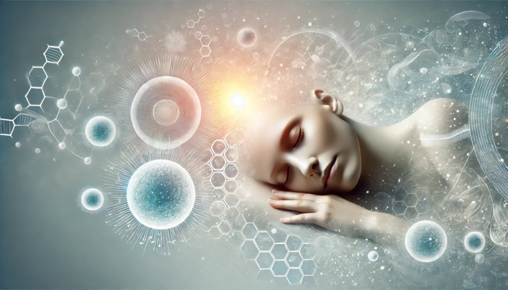 A symbolic representation of the relationship between sleep and skin health, featuring a person peacefully sleeping while their skin radiates vitality. Abstract elements depict cellular repair, hydration, and rejuvenation, creating a harmonious and calming composition with soft lighting and a serene atmosphere.