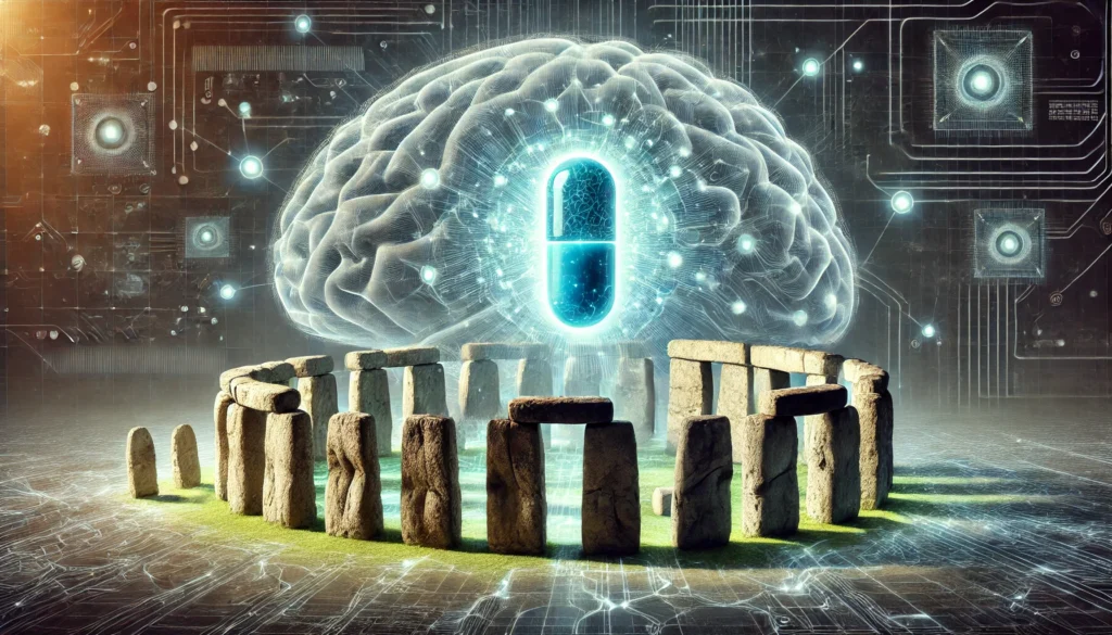 A futuristic depiction of a glowing, high-tech pill surrounded by an intricate neural network of energy. The background subtly blends ancient stone textures with modern digital elements, symbolizing the fusion of ancient wisdom and advanced cognitive science.