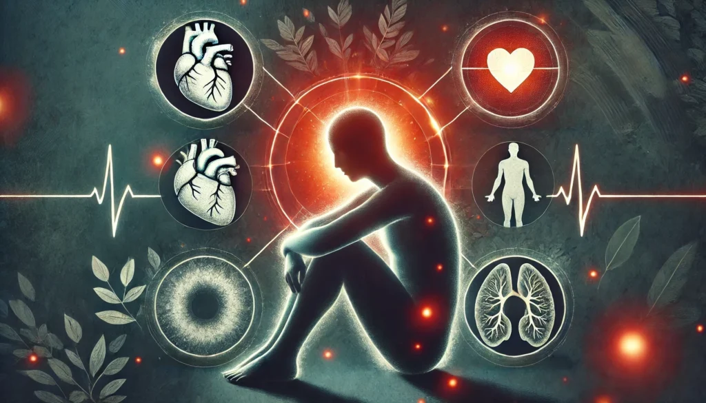 A symbolic representation of the health risks of sleeping late, featuring a human silhouette surrounded by abstract visuals of a stressed heart, weight imbalance, and weakened immunity. The dark and moody color scheme with glowing red highlights emphasizes the dangers of poor sleep habits.