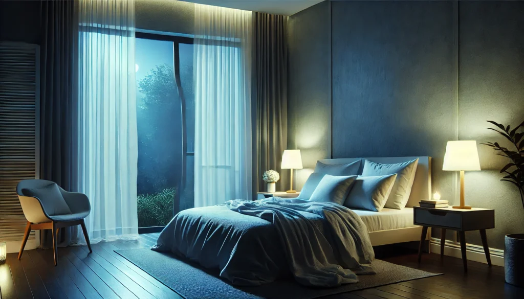 A tranquil bedroom at night with a neatly made bed, breathable linen sheets, an open window allowing fresh air, and a soft bedside lamp casting a warm glow, creating a serene atmosphere for restful sleep.