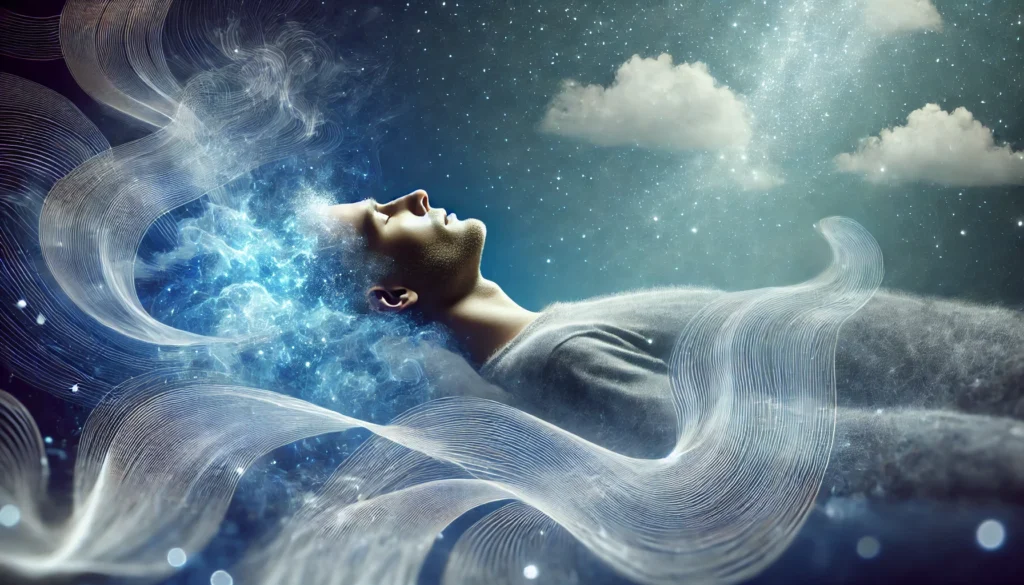 A serene, futuristic digital illustration representing the impact of sleep on aging. The image features a person in deep sleep, surrounded by ethereal waves of energy flowing around them, symbolizing the rejuvenating power of rest. The soft dark blue night sky and glowing elements create a calming atmosphere. No text or symbols are present.