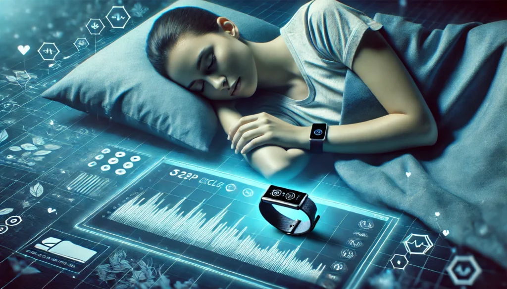 A modern depiction of sleep tracking technology, showing a person sleeping with a wearable sleep tracker on their wrist. A digital interface displays sleep cycle data in a futuristic, calming blue-toned environment, representing the role of technology in monitoring and optimizing sleep.