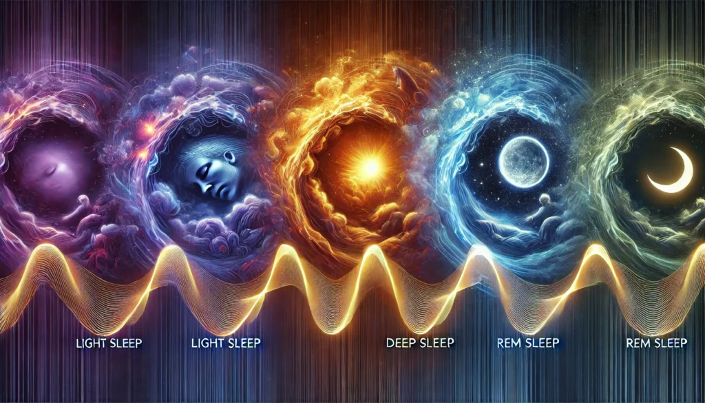 An artistic representation of the sleep cycle stages, illustrating the transition between light sleep, deep sleep, and REM sleep in an abstract, dreamlike manner. Glowing waves symbolize sleep depth and progression through the different phases.