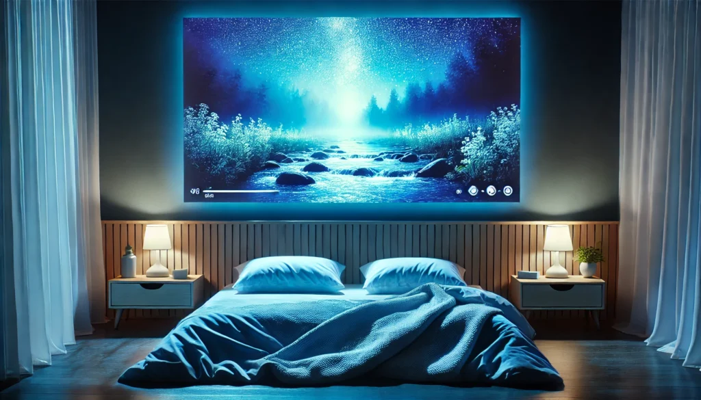 A softly lit bedroom illuminated by the blue glow of a screen playing a calming sleep video, showcasing nature visuals like flowing water or a starry night sky, creating a peaceful sleep-inducing environment.