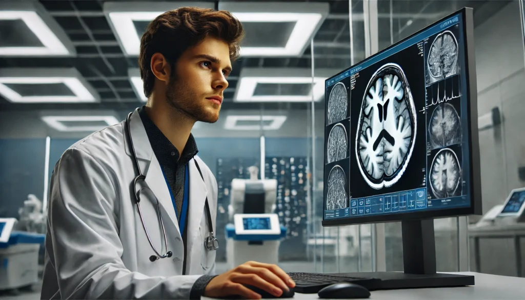 Which of the following statements best describes dementia? A doctor examines a brain scan, identifying structural changes associated with dementia in an advanced research facility.