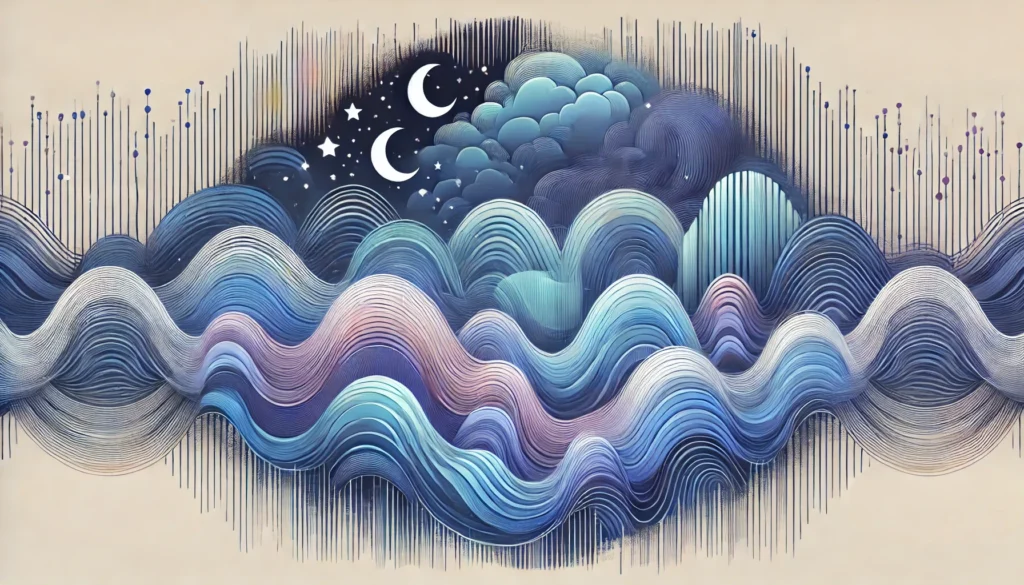 An artistic representation of the sleep cycle, illustrating different stages such as light sleep, deep sleep, and REM sleep. Abstract waves and fluid transitions depict the natural flow of sleep, with a calming blue and purple color palette.