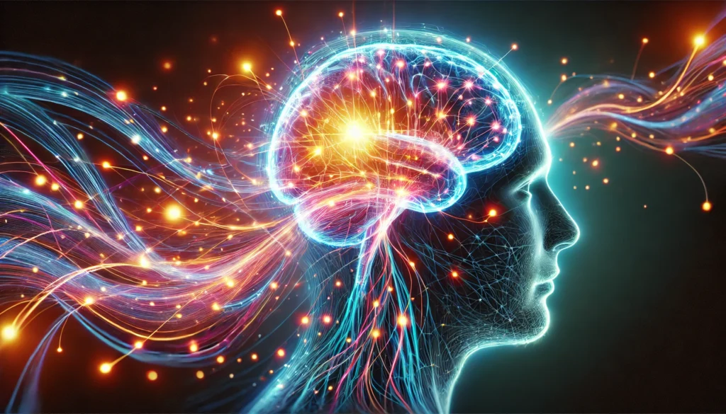 A conceptual visualization of a glowing human brain forming new neural connections with vibrant energy pathways, symbolizing the brain’s ability to adapt and rewire itself. The image highlights scientific advancements in cognitive enhancement.