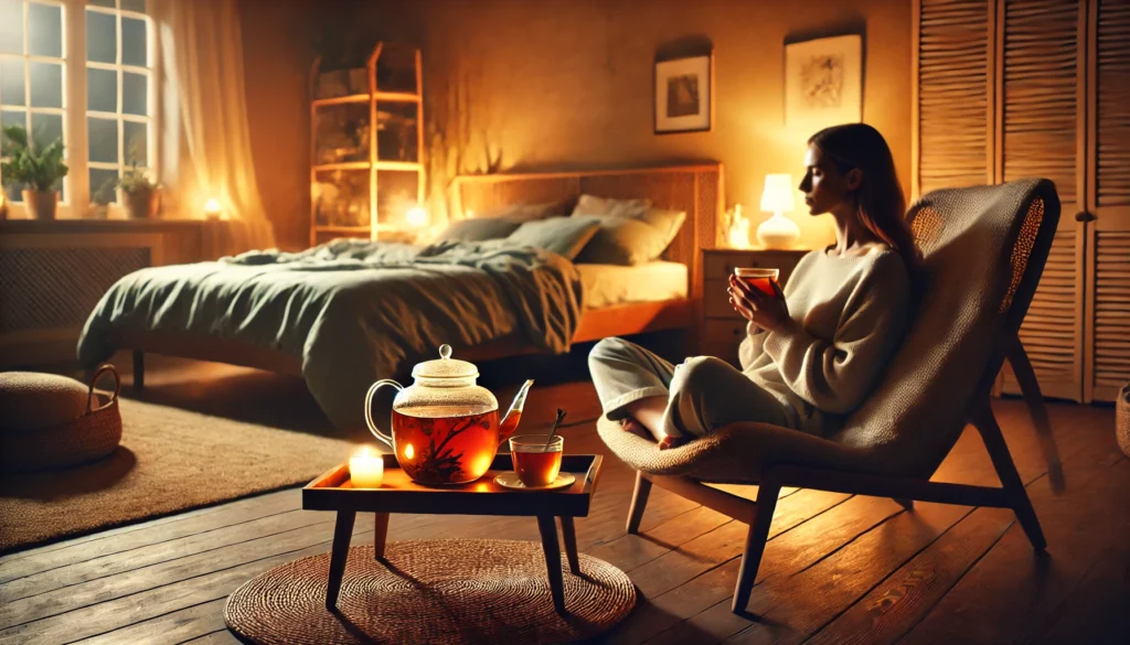 A tranquil bedroom setting with a person sipping herbal tea while sitting in a cozy chair. The warm lighting and comfortable bed in the background promote relaxation and good sleep hygiene.