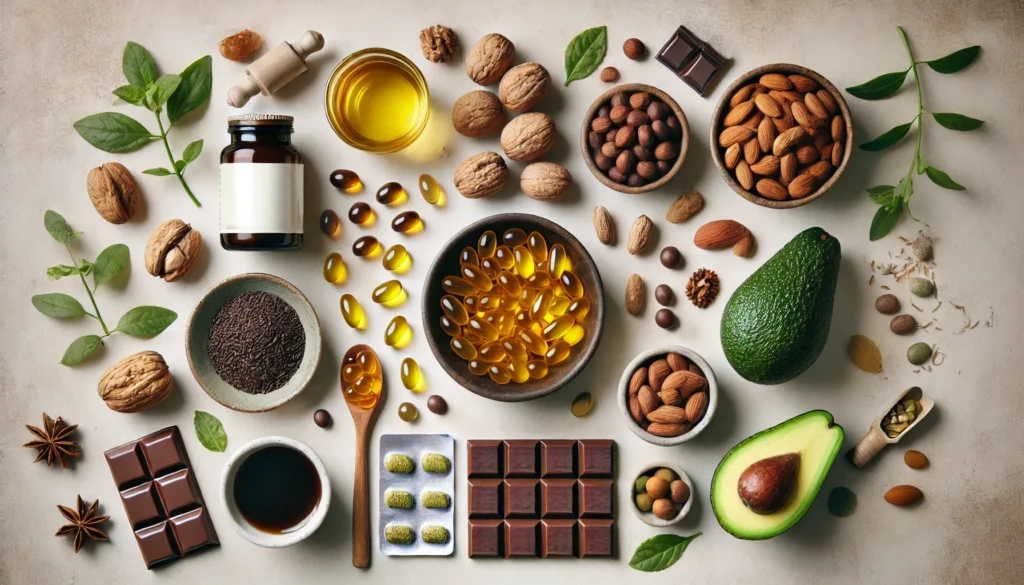 A top-down view of omega-3 fish oil capsules, vitamin B complex tablets, and magnesium pills arranged with fresh foods like avocados, nuts, dark chocolate, and green tea leaves on a neutral background, emphasizing their benefits for focus and attention.