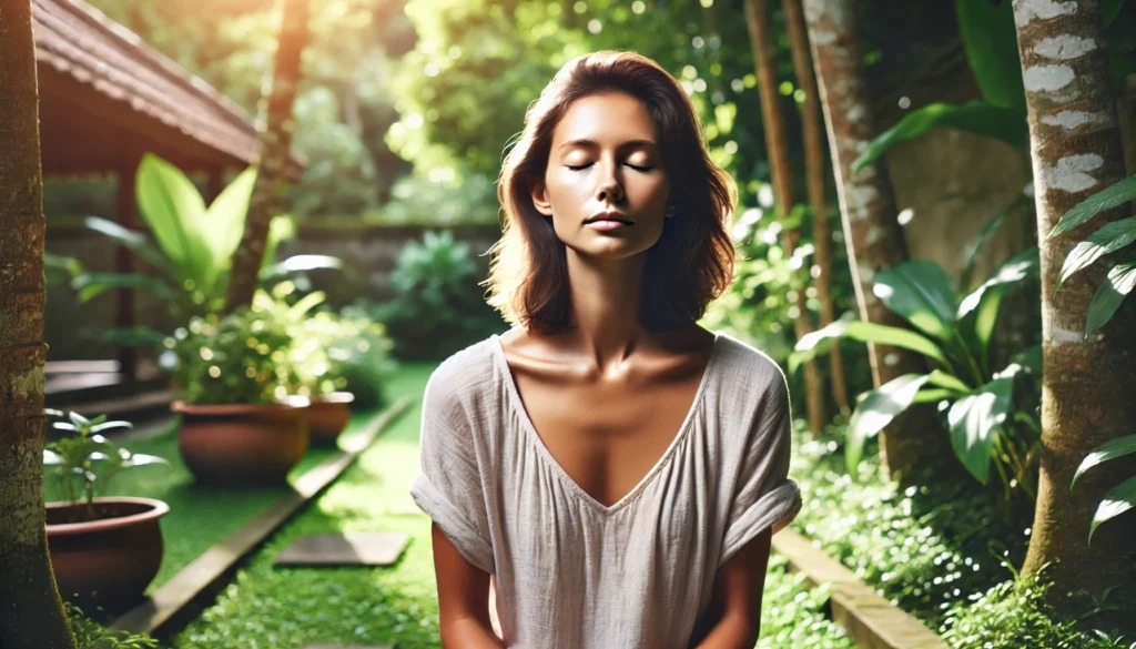 A woman sitting in a peaceful garden, practicing focused breathing exercises with her eyes closed, surrounded by lush greenery and soft sunlight for relaxation and sharp focus.