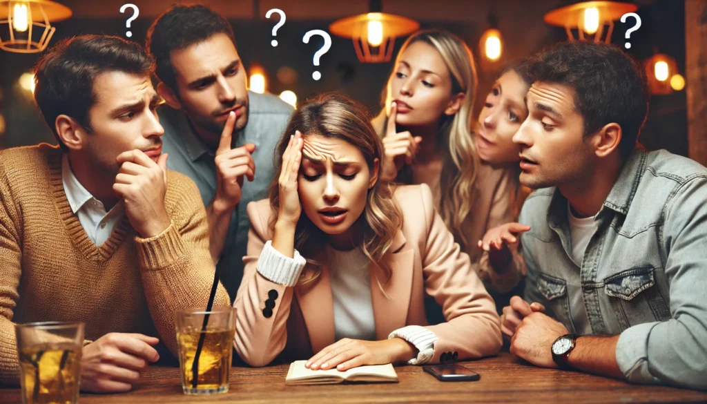 A woman in a social setting struggling with forgetting words when talking. Her friends look on attentively, some appearing to guess the word she is trying to recall. The warm café atmosphere highlights the everyday nature of this experience