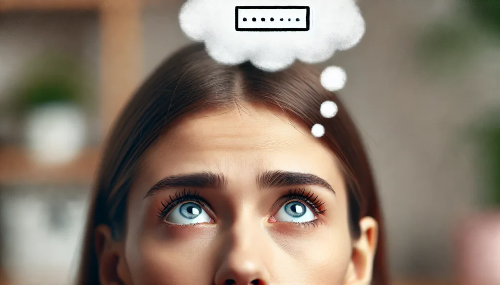 A close-up of a person's face, eyes looking upward as they experience the frustration of forgetting words when talking. An empty thought bubble symbolizes the missing word, while the blurred background keeps focus on their concentrated expression