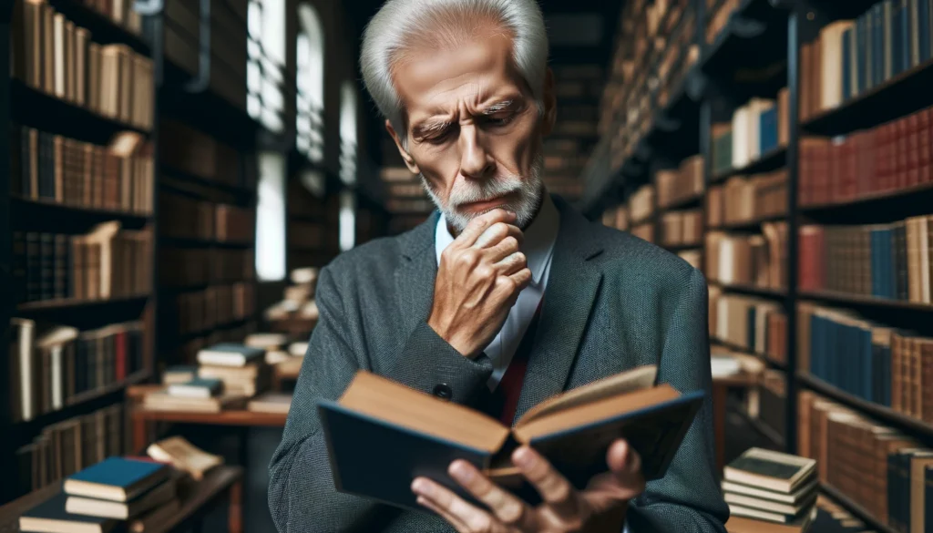 An elderly man in a library, deep in thought while forgetting words when talking. Holding a book, he appears to be searching for the right word. The scholarly setting and shelves filled with books emphasize cognitive effort and memory recall