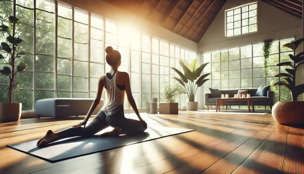 A person stretching on a yoga mat in a bright, airy room with large windows. Sunlight streams in, evoking a calming and focused environment that enhances mental clarity and relaxation.