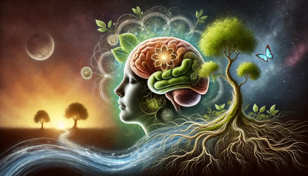 A surreal artwork of a youthful brain intertwined with trees and flowing water, symbolizing the connection between nature and cognitive well-being