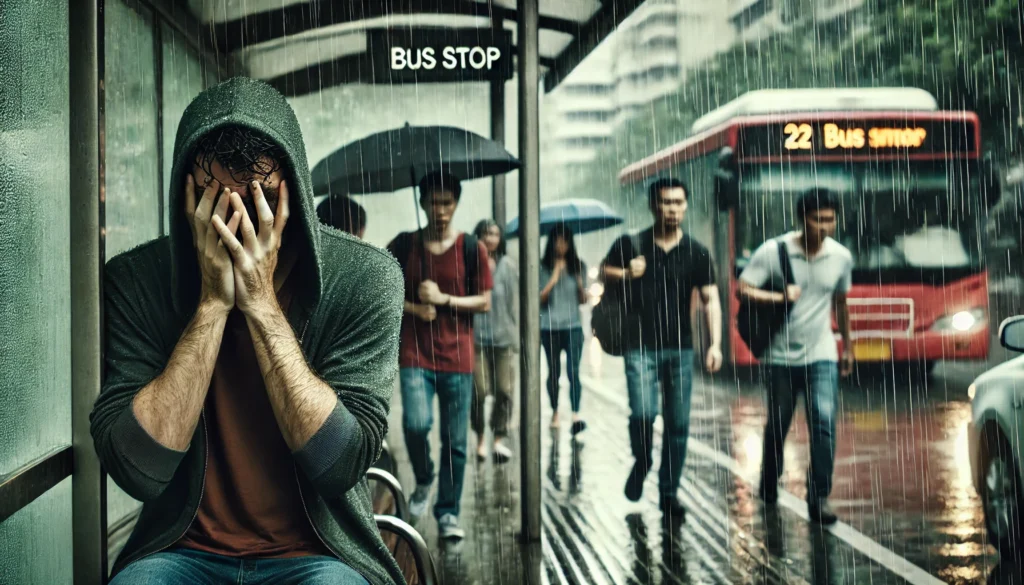 A man standing at a bus stop in the rain, looking overwhelmed and anxious as people rush past him. The blurred background highlights his sense of isolation, representing anxiety in public spaces.