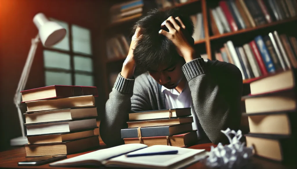 A young student sitting at a desk, overwhelmed by books and notes, holding their head in frustration. The blurred surroundings and dim lighting enhance the feeling of pressure, stress, and difficulty in focusing due to anxiety.