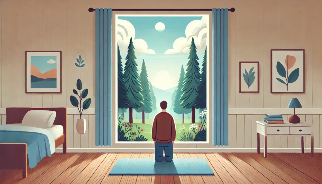 A person standing near a window, practicing grounding techniques by focusing on their senses, with a peaceful outdoor view of trees and a clear sky.