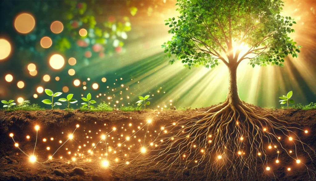 A serene nature scene of a growing tree with roots connected to tiny glowing dots in the soil, symbolizing the foundational power of small habits. Sunlight streams through the leaves, representing growth and transformation.