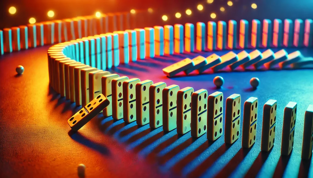 A symbolic depiction of dominoes arranged in a curve, with a small domino tipping over and initiating a chain reaction with larger dominoes. The vibrant scene illustrates the impact of small actions triggering significant life transformations.