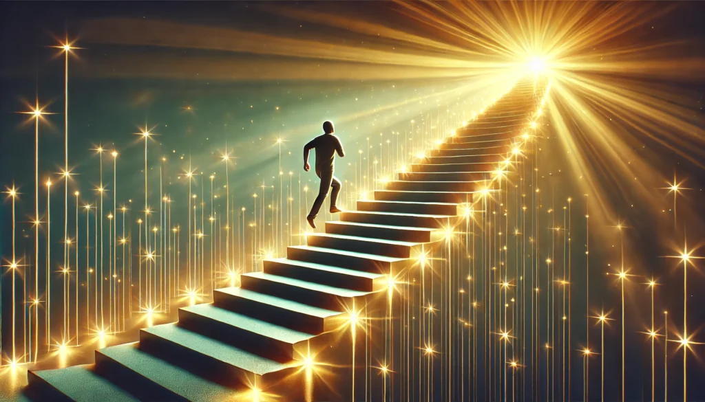 A person climbing a staircase made of glowing, tiny steps, with radiant light at the top symbolizing achievement and transformation. The soft gradient background emphasizes progress through small, consistent efforts.